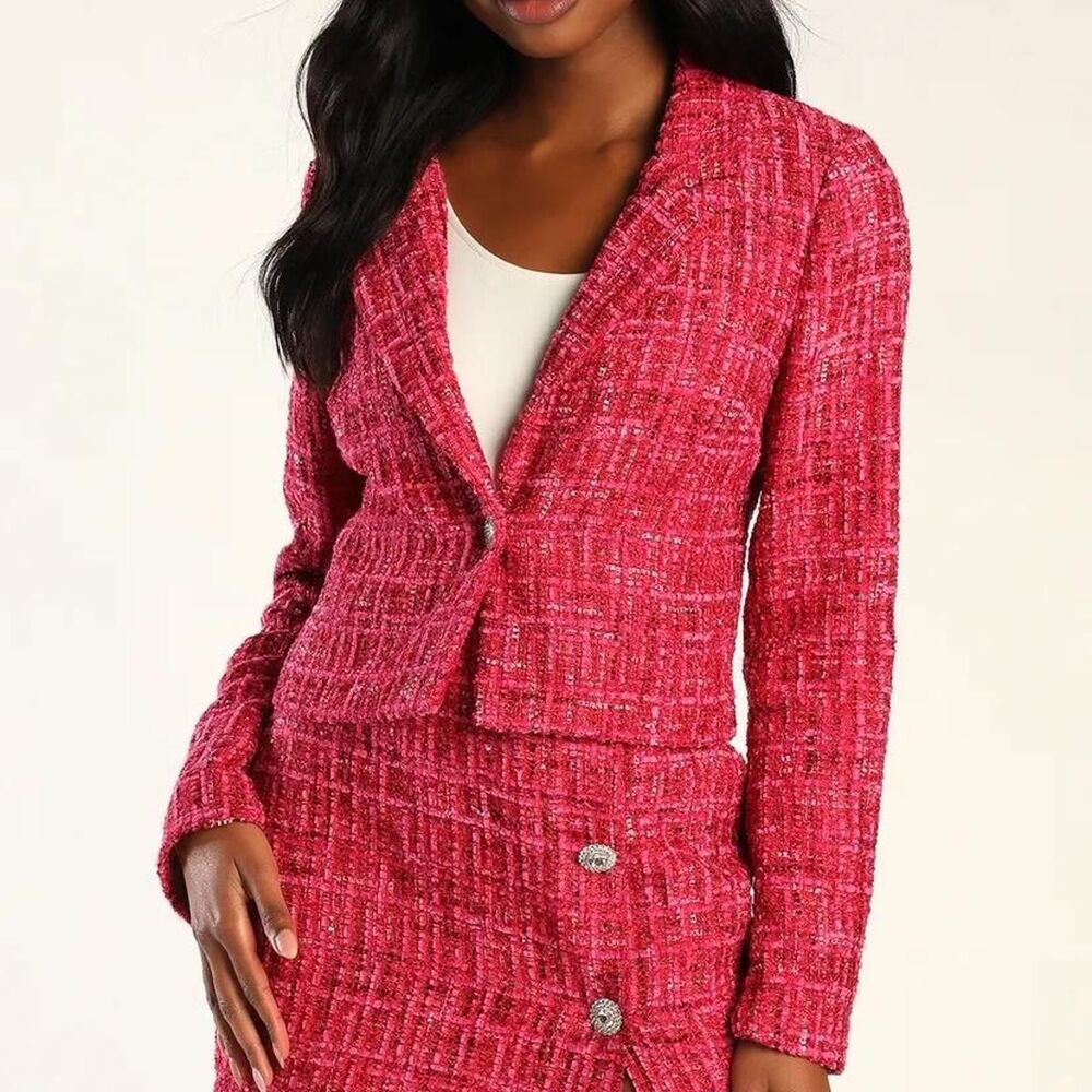 Lulu’s Preppy Perfection Pink Boucle Rhinestone Button Cropped Blazer
